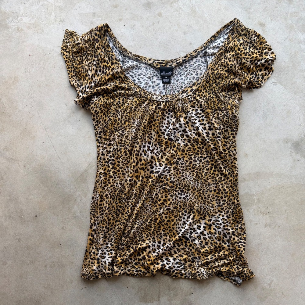 Willi Smith Leopard Print Flutter Sleeve Scoop Neck Top Rayon Brown Tan Medium